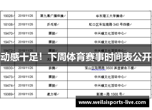 动感十足！下周体育赛事时间表公开